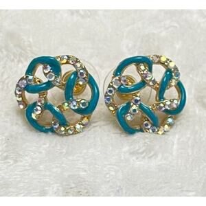 Deep Turquiose & Iridescent Crystal Interlocking Rippled Oval Ring Earrings-NEW